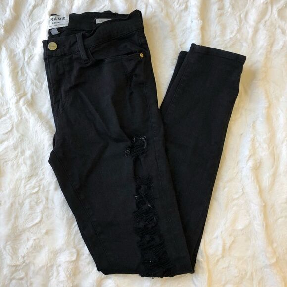 Frame De Jeanne Black Distressed Skinny Jeans - Women’s 28 - Picture 2 of 9